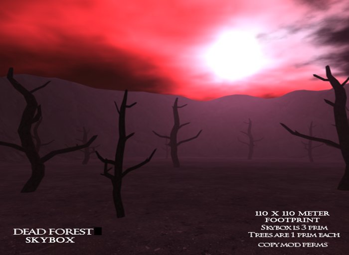 Large dead forest skybox with sculpted stone cliff surround and sculpted 1 prim dead tree set, and fog generator