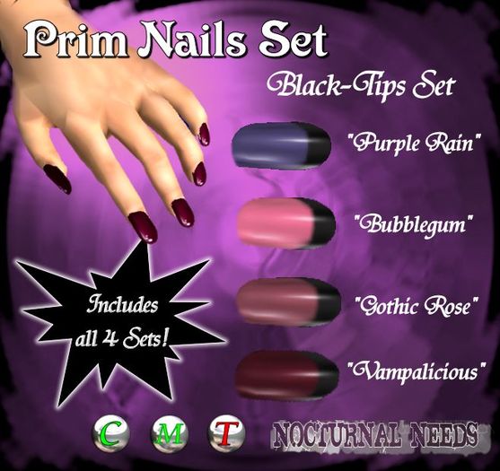 Prim Nails Black Tips Gothic Dark Set