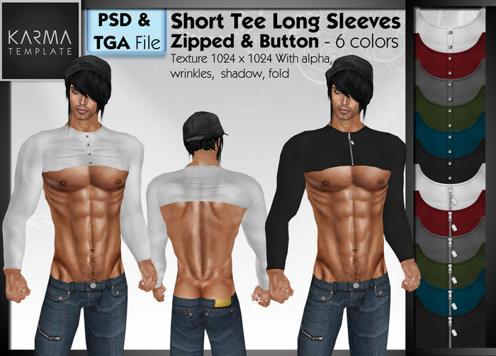 Karma Template - PSD & TGA - Short Tee Long Sleeves Zip & Button - 6 Colors - High detailled Texture 1024 px