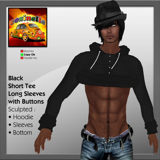 Coxi - Black  - Short Tee Long Sleeve Buttons-male