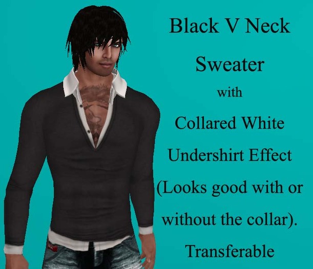 Black V Neck Sweater Jumper w collared white undershirt effect