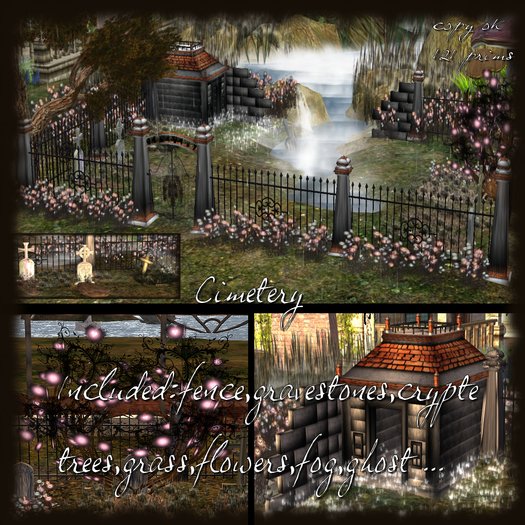 Cimetery (20x15) with flower,grass,gravestones,crypte ghost,fog