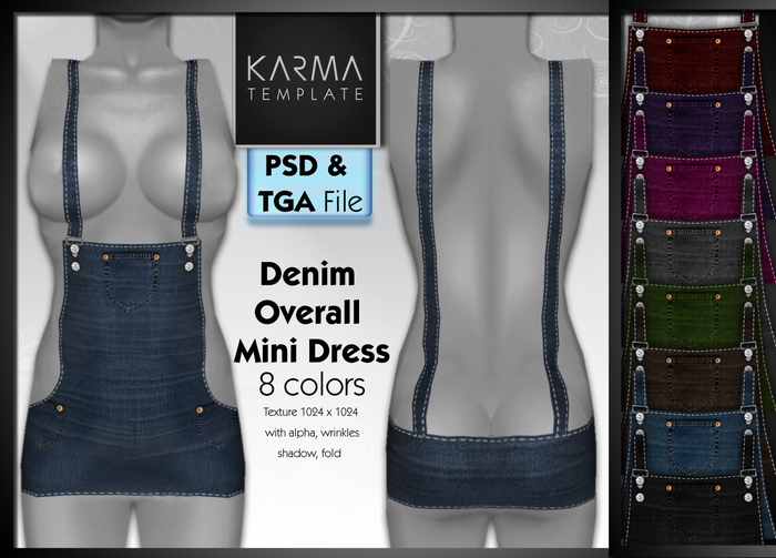 Karma Template - PSD & TGA - Denim Overall Mini Dress - 8 Colors - High detailled Texture 1024 px