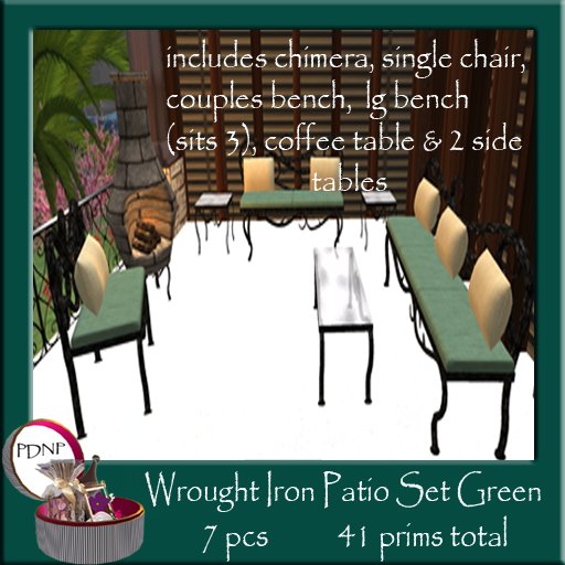 PDN: WROUGHT IRON PATIO SET GREEN BOXED
