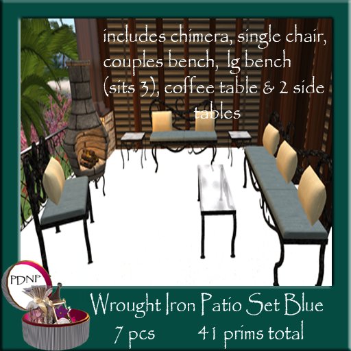 PDN: WROUGHT IRON PATIO SET BLUE BOXED