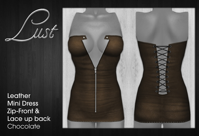 Lust - Chocolate - Leather Mini Dress Zip Front & Lace up back