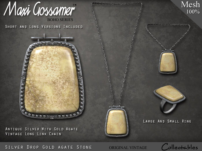 Necklace - Silver Drop Pendant - Gold Agate