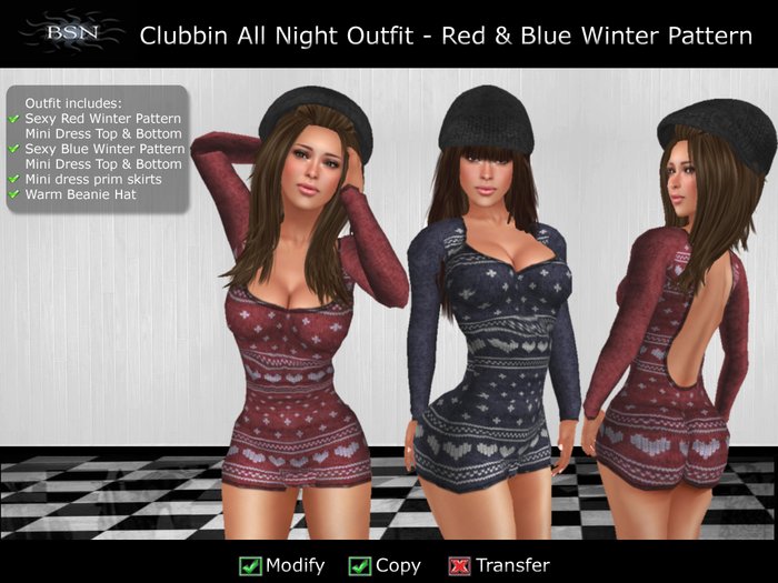 BSN Clubbin All Night Outfit - Red & Blue Winter Pattern