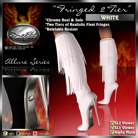 !Drakke! "Fringed 2 Tier" Knee Boots(White)   ~ ALL Viewer Compatible (Alpha Mask Included)