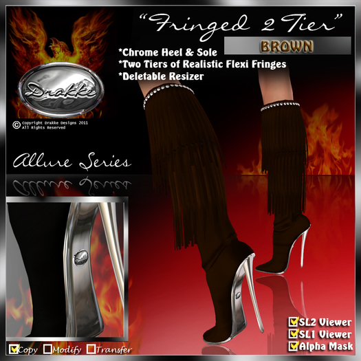!Drakke! "Fringed 2 Tier" Knee Boots(Brown)   ~ ALL Viewer Compatible (Alpha Mask Included)