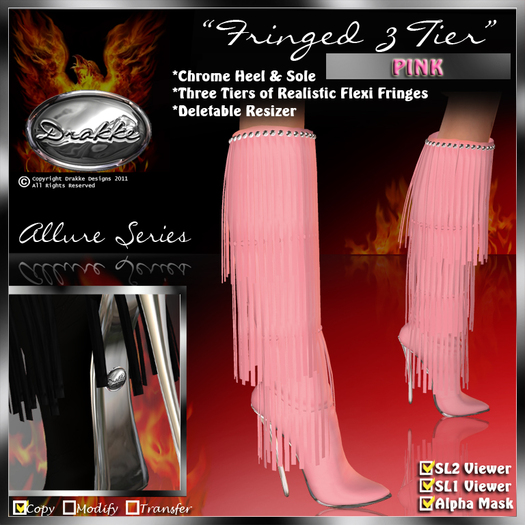!Drakke! "Fringed 3 Tier" Knee Boots(Pink)   ~ ALL Viewer Compatible (Alpha Mask Included)