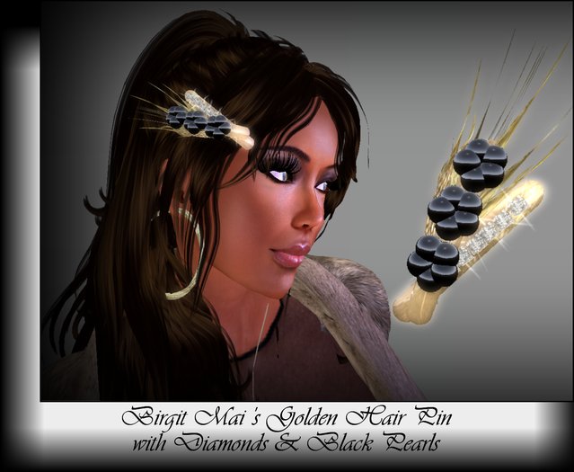 Birgit Mai's Golden Hair Pin with Diamonds & Black Pearls (BOXED)