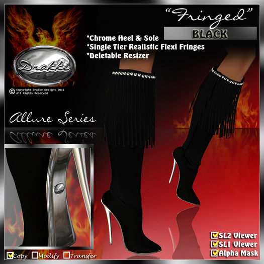 !Drakke! "Fringed" Knee Boots(Black)   ~ ALL Viewer Compatible (Alpha Mask Included)