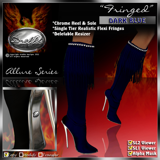!Drakke! "Fringed" Knee Boots(Dark Blue)   ~ ALL Viewer Compatible (Alpha Mask Included)