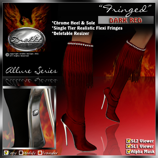 !Drakke! "Fringed" Knee Boots(Dark Red)   ~ ALL Viewer Compatible (Alpha Mask Included)