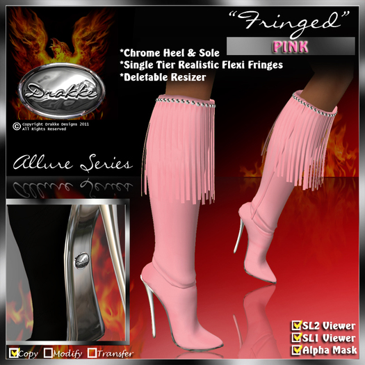 !Drakke! "Fringed" Knee Boots(Pink)  ~ (works with All Viewers, Includes Alpha Masks & Invisi Prims)