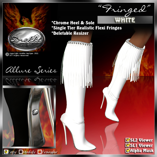 !Drakke! "Fringed" Knee Boots(White)   ~ ALL Viewer Compatible (Alpha Mask Included)