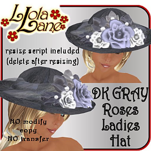 Llola's Ladies DK GRAY Roses Hat w/resizer