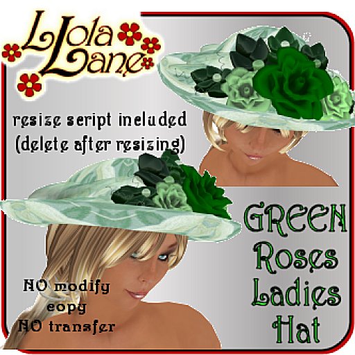 Llola's Ladies GREEN Roses Hat w/resizer
