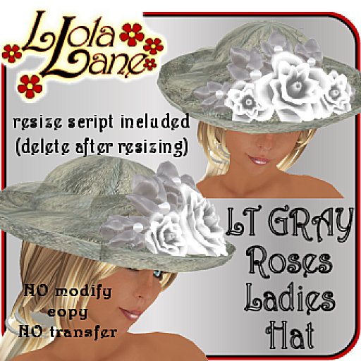 Llola's Ladies LT GRAY Roses Hat w/resizer DOLLARBIE