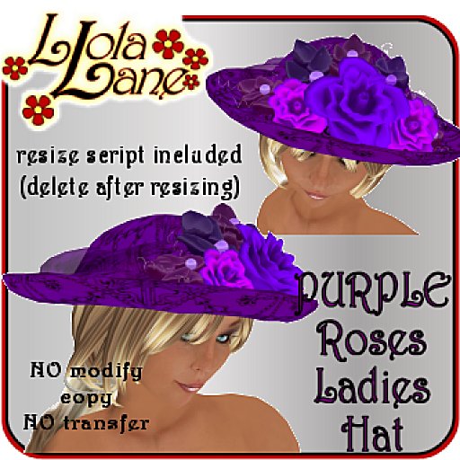 Llola's Ladies PURPLE Roses Hat w/resizer