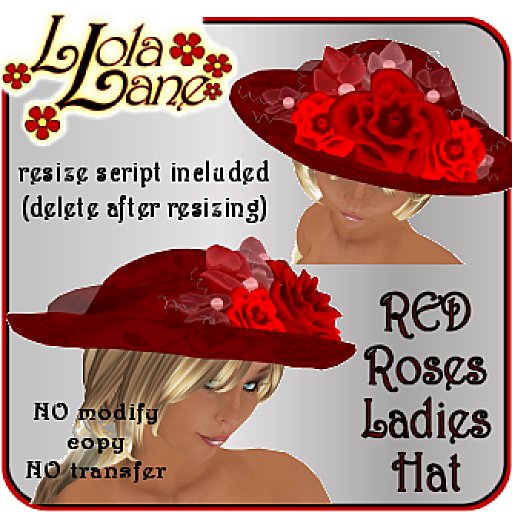 Llola's Ladies RED Roses Hat w/resizer