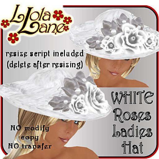 Llola's Ladies WHITE Roses Hat w/resizer