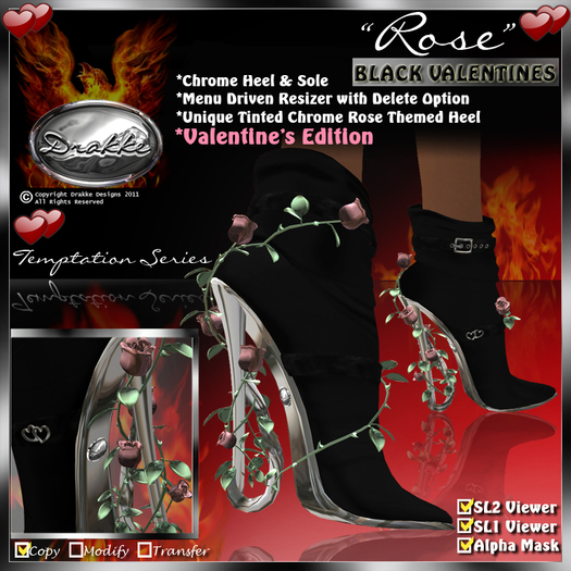 !Drakke! "Rose" Ankle Boots(Black) Valentine's Edition ~ (works with All Viewers, Includes Alpha Masks & Invisi Prims)