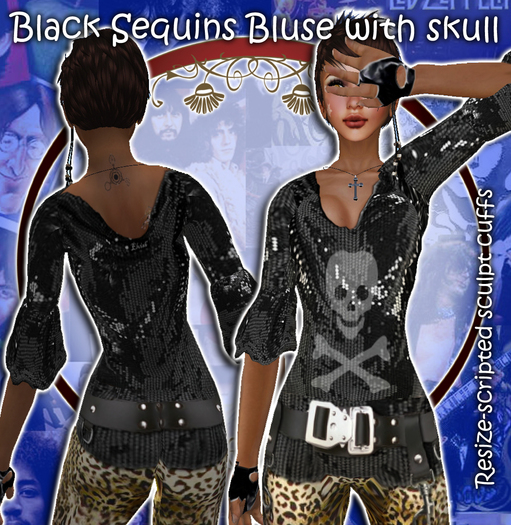 "UPS!" - Black Sequins Bluse with Skull