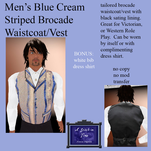 Blue Cream Striped Brocade Vest