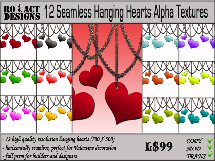..::RO!ACT::..DESIGNS 12 Seamless Hanging Hearts Alpha Textures