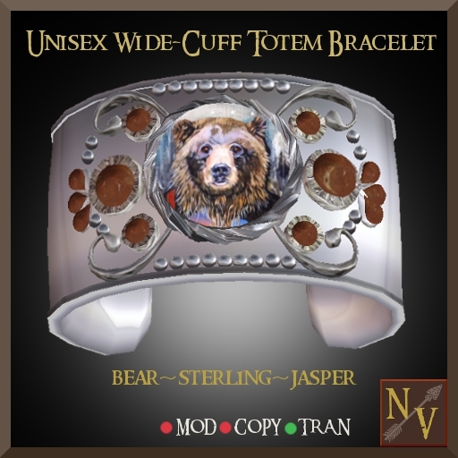 (NV) Unisex Bear Totem Sterling Silver & Red Jasper Gemstone Cuff Bracelet
