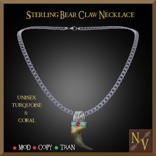 (NV) Sterling Bear Claw Necklace with Turquoise Coral Gemstones Unisex