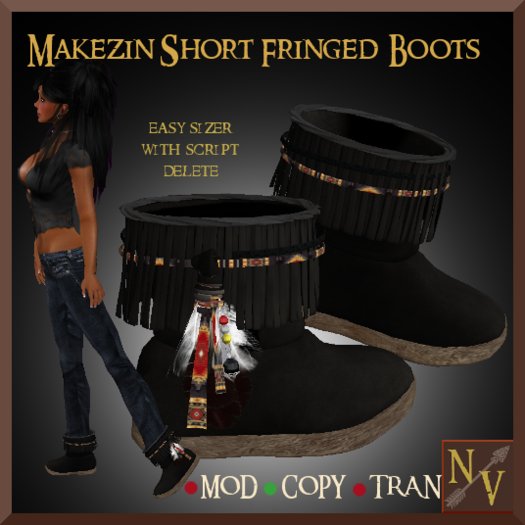 (NV)  Native Makezin (Moccasin) Short Fringe Leather Ankle Boot BLACK