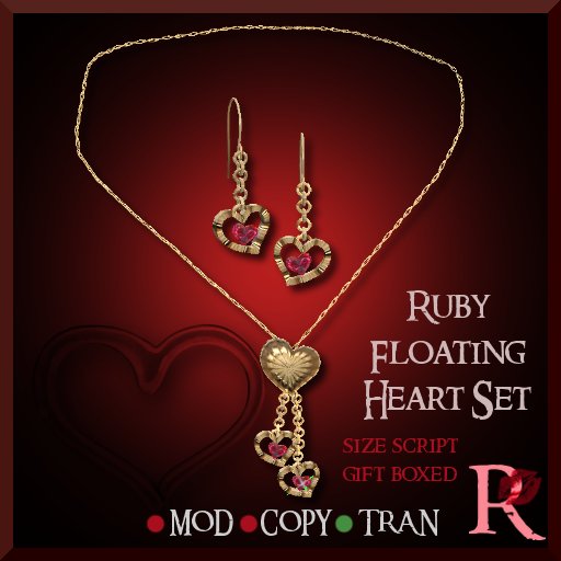 (R) ♥ SPECIAL ♥ Floating Heart Ruby Necklace & Earring Set Gift Boxed (Gold)
