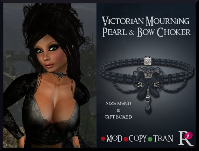 (R) Black Pearl & Ribbon Victorian Mourning Choker