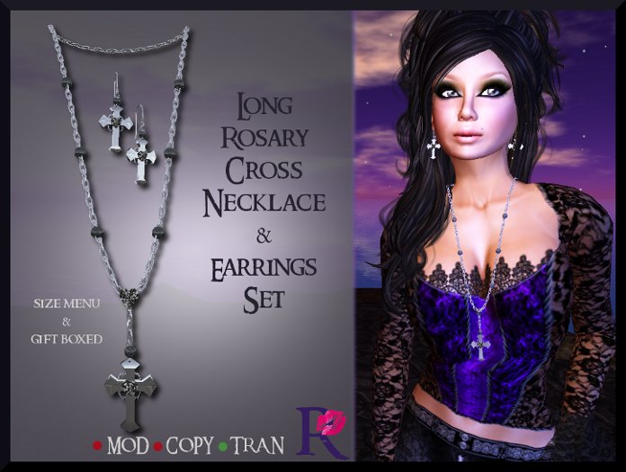 (R) Victorian Gothic Mourning Cross Rosary Necklace & Earrings Jewelry Set