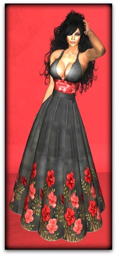 BLACK DRESS WITH RED FLOWERS