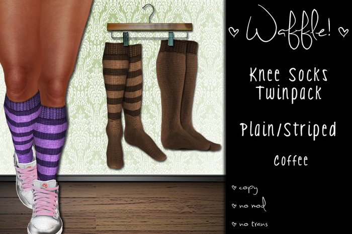 Waffle! Knee Socks Twinpack - Plain/Striped [coffee]