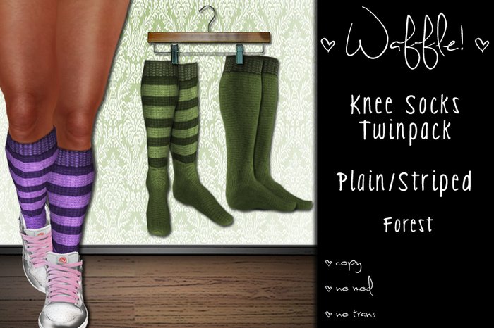 Waffle! Knee Socks Twinpack - Plain/Striped [forest]