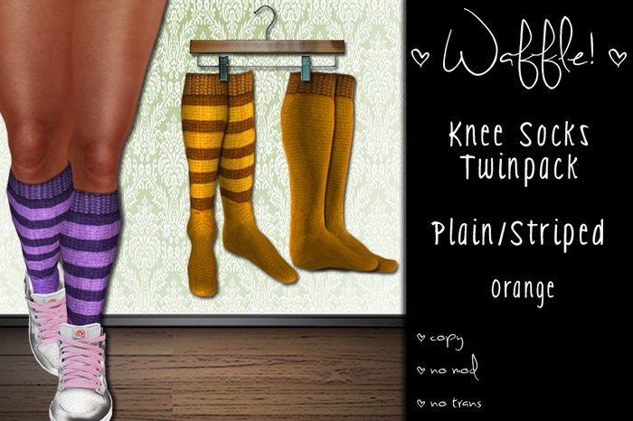 Waffle! Knee Socks Twinpack - Plain/Striped [orange]