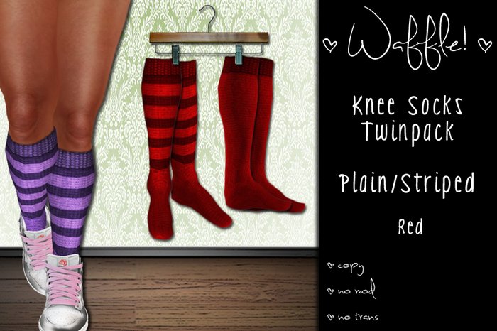 Waffle! Knee Socks Twinpack - Plain/Striped [red]