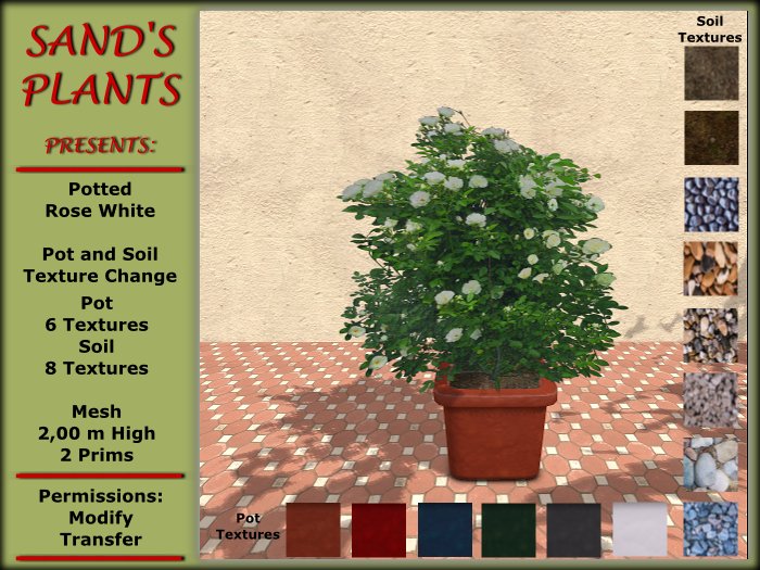Potted Rose White, Pot and Soil Texture Change, Mesh 2 Prims
