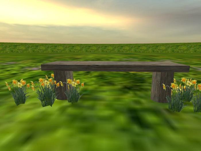 Rustic Bench with Daffodils (One of our many catalogue entries for Spring arbors, trees, shrubs and landscaping items))