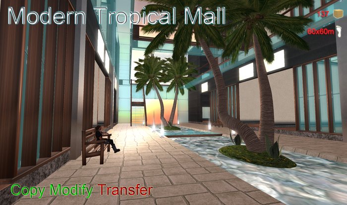 Modern Spacious Shopping Mall with Palm Trees and Waterfall - 16 stores / Vendors / Studio - Low prim - 4096sqm