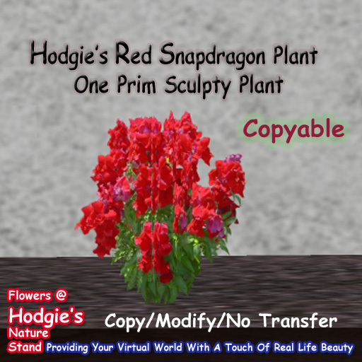 Hodgie's Flowers & Plants  --  Red Snapdragon Plant (One Prim Sculpty Plant) (COPYABLE)