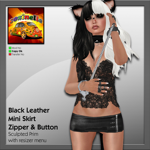 Coxi - Leather Black Mini Skirt Zipper & Button - fe