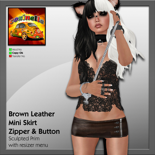 Coxi - Leather Mini Skirt Brown Zipper & Button - fe