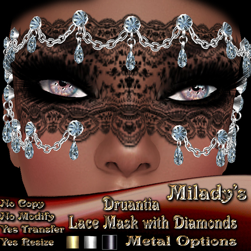 Second Life Marketplace *Milady's* Druantia Lace Mask with diamonts on platinum, gold and onyx