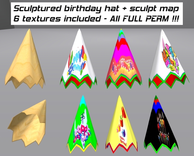 Sculpted happy birthday hat + map and 6 textures - FULL PERM